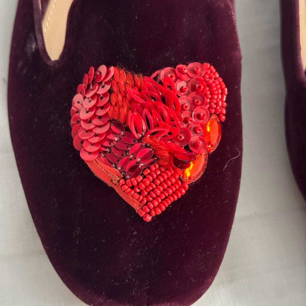 NEW Tory Burch Sz 9 Purple burgundy velvet lofer beaded heart and dove - Picture 14 of 15